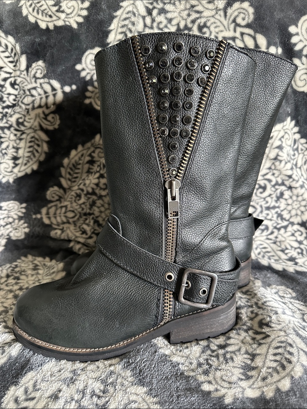 Corral great shape rhinestone studded black leather buckle zip mid calf boots